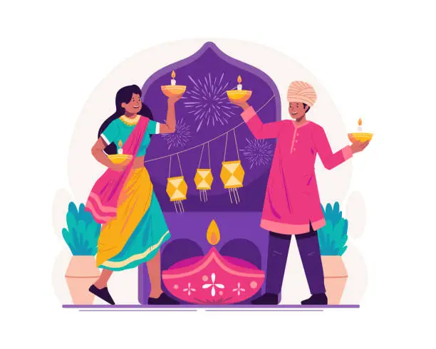 Vector illustration of Indian Couple in Traditional Clothing Holding Lit Oil Lamps or Diya to Celebrate Diwali Festival of Lights