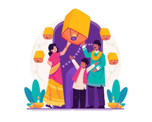 Vector illustration of Indian Family Releasing Lanterns Into the Sky to Celebrate Diwali Festival of Lights