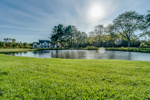 Panoramic view of Biebrza river wetlands and bird wildlife reserve during spring nesting period in Burzyn village in Podlaskie region of Poland