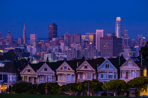 The Painted Ladies in San Francisco with the city skyline in the background