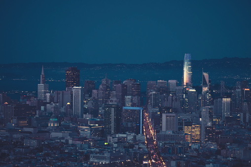 A twilight/night view of the city skyline of San Francisco