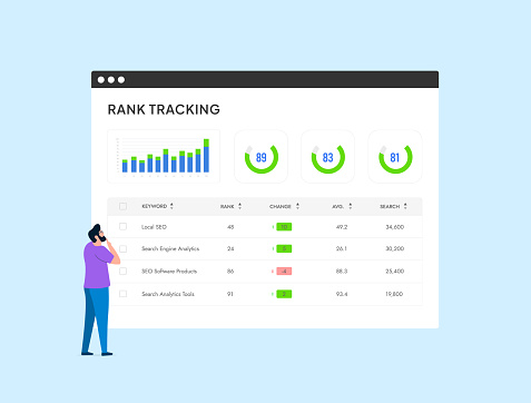 SEO Rank Tracking - monitor positions of keywords, domains, check website rankings, analyze SERPs and audit website. Rank tracker vector isolated illustration on blue background with icons.