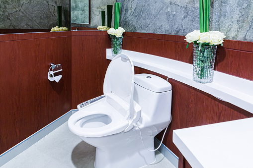 White ceramic toilet modern bathroom There is an automatic toilet control panel.