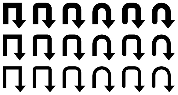 Vector illustration set of monochrome U turn arrow, return arrow