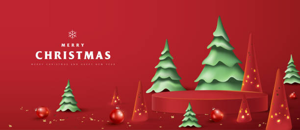 istock Merry Christmas banner with product display cylindrical shape and Ceramic Christmas Tree Candle Holder Christmas Lights 1725395920
