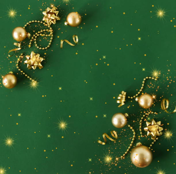 istock Christmas background template top view with copy space. Golden Xmas decor frame on green backdrop .Beautiful Xmas greeting card.New Year decor frame mockup . 1725401824