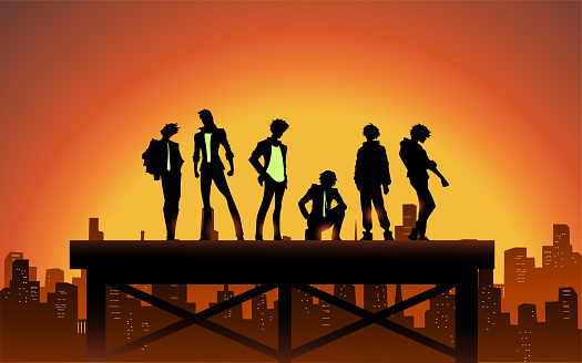 A silhouette style vector illustration of a group anime boys in different poses in a Cyberpunk city setting. Easy to pick and edit.