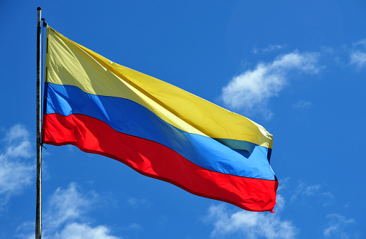 Bogota, Colombia: Flag of Colombia, horizontal tricolor of yellow, blue and red - the flag was designed by Francisco de Miranda for Venezuela and later also used for Greater Colombia, created by Simón Bolívar, which is why the flags of Venezuela and Ecuador also follow the same basic design. 'El Tricolor Nacional' (\