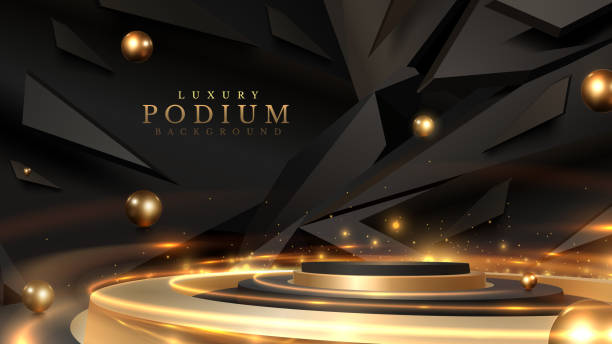 istock 3d gold podium and ball elements with black stone scene decoration on dark. Luxury award ceremony background. Modern art design. 1725414470
