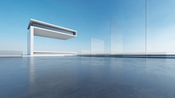 istock 3d render of abstract futuristic glass architecture with empty concrete floor. 1725440040