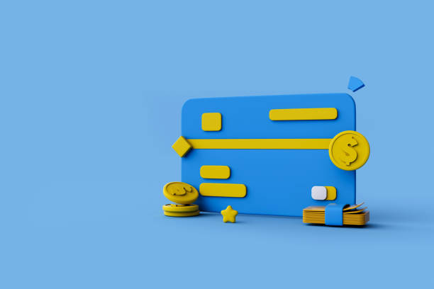 istock Credit card with golden coins on blue background. 3d rendering. 1725450397
