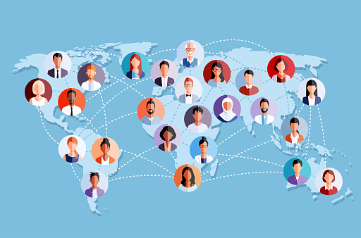 People icons connected through a dotted line in front of a blue world map. Social media and global communications concept.