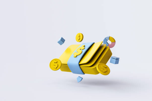 青の背景に浮かぶお金と金貨の束。3Dレンダリング。