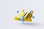 Bundles of money and gold coins floating on blue background. 3d rendering.