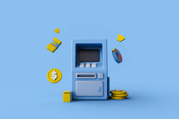 istock ATM Machine on blue background concept of banking business and technology. 3D rendering. 1725452024