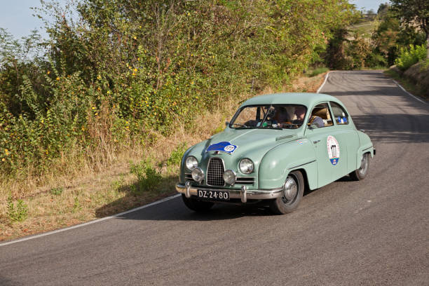 Vintage Saab 93 (1956), three-cylinder 748 two-stroke engine, in classic car race Gran Premio Nuvolari, on September 17, 2023 in Predapppio, FC, Italy Vintage Saab 93 (1956), three-cylinder 748 two-stroke engine, in classic car race Gran Premio Nuvolari, on September 17, 2023 in Predapppio, FC, Italy premio stock pictures, royalty-free photos & images