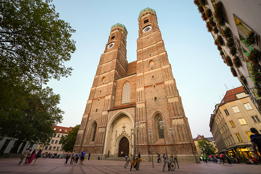 Munich, Germany, Europe - September 14, 2023. Frauenkirche Church, Church of our Lady with its two domes is part of the Munich skyline and is a historic landmark, tourist attraction in Munich.