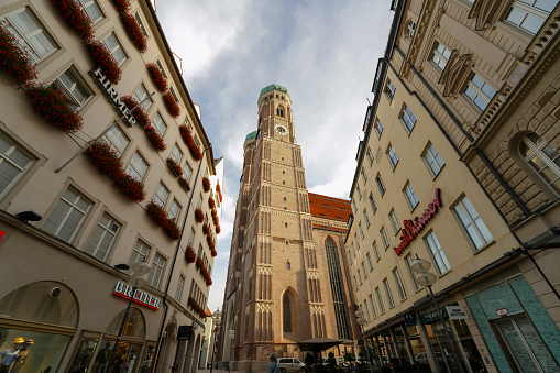 Munich, Germany, Europe - September 18, 2023. Frauenkirche Church, Church of our Lady, is a Gothic three-nave hall church in the Old Town of Munich. It is the largest church in Munich and a famous landmark.