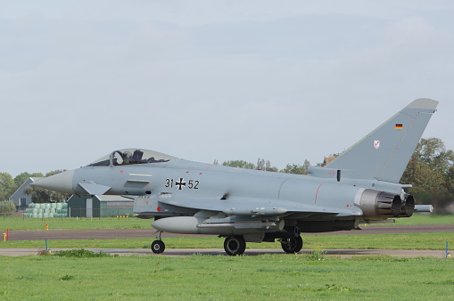 Eurofighter Typhoon fighter jet from German air force with IRIS-T air to air missile  at Leeuwarden air base during exercise frisian flag october 2023 the netherlands