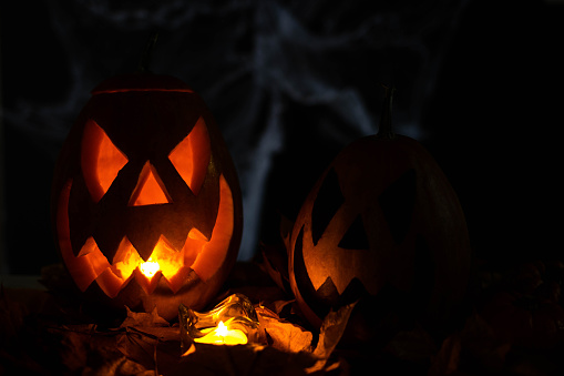 Halloween's holiday attributes. Lantern carved from pumpkin known as Jack-o-lantern glow in the dark on a black background with spider webs, autumn leaves and balloons. Trick or treat.