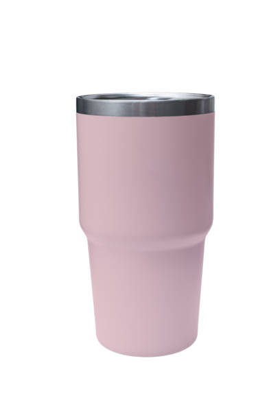 istock Big modern light pink thermos bottle isolated on white. Reusable concept. 1725488455