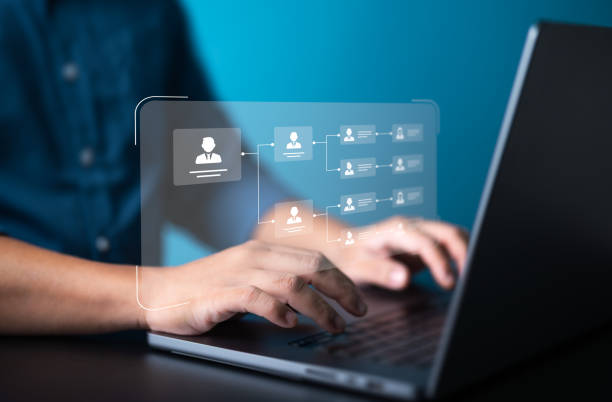 istock Businessman uses laptop to make organization chart, mind map or organigram on virtual screen. HR Manager works on company human resource structure tree diagram, resource leveling, career path concept. 1725491167