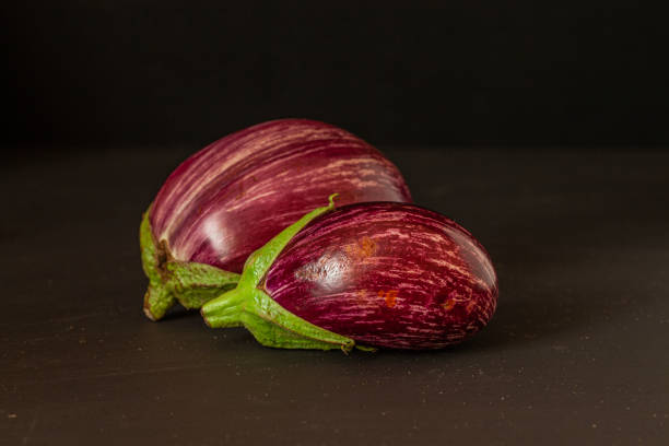 istock Two round purple eggplants close together lying on black background 1725495093