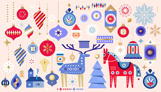 Merry Christmas and Happy New Year 2024  holiday template design icons set -Snowman,   Gifts, Santa, ball toy, christmas tree, snowflake   Modern Xmas flat vector illustration