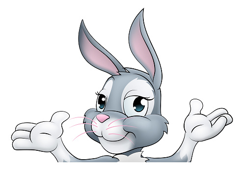 An Easter bunny rabbit cartoon character peeking around a sign