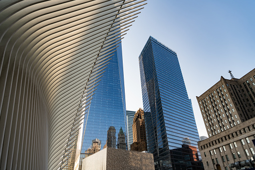 New York City, USA - May 12, 2023: world trade center skyscraper building in manhattan midtown. ny architecture.