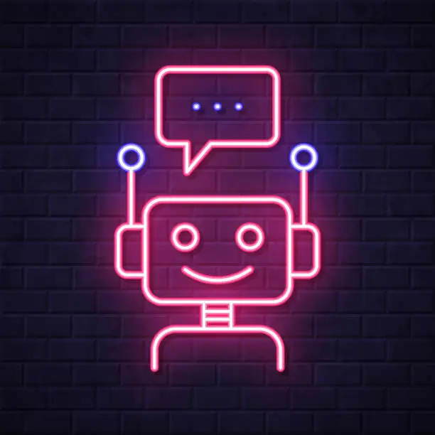 Vector illustration of Chatbot with speech bubble. Glowing neon icon on brick wall background