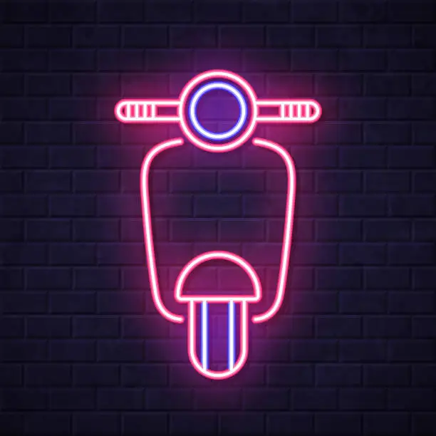 Vector illustration of Scooter motorcycle - front view. Glowing neon icon on brick wall background