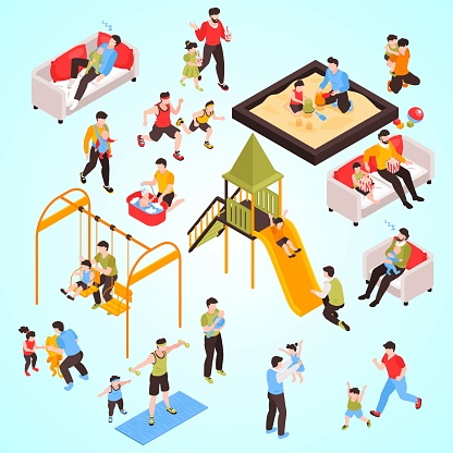 fatherhood isometric set fathers engaged activities care with their kids isolated vector illustration