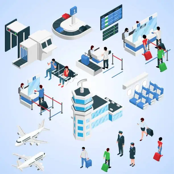 Vector illustration of airport terminal isometric set with airplanes flight crew passengers check security gates luggage carousel