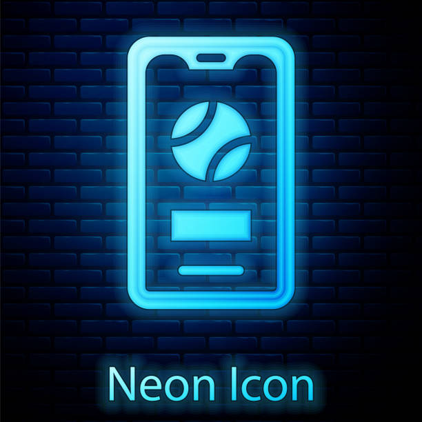 Glowing neon Smartphone with baseball ball on the screen icon isolated on brick wall background. Online baseball game for mobile phone. Vector Glowing neon Smartphone with baseball ball on the screen icon isolated on brick wall background. Online baseball game for mobile phone. Vector. baseball-scorecard stock illustrations