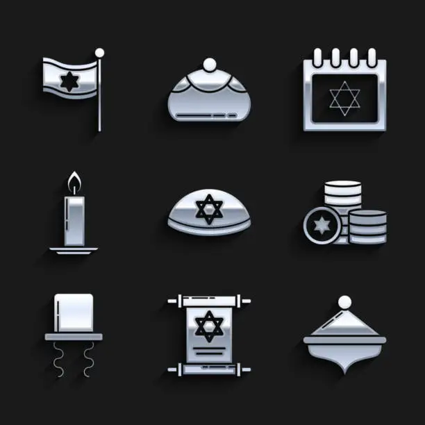 Vector illustration of Set Jewish kippah with star of david, Torah scroll, Hanukkah dreidel, coin, Orthodox jewish hat sidelocks, Burning candle candlestick, calendar and Flag Israel icon. Vector