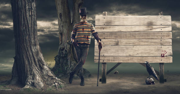 istock Horror Halloween character and wooden sign 1725531775