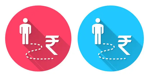 Vector illustration of Person on Indian rupee way. Round icon with long shadow on red or blue background
