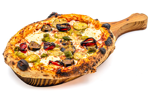 Vegetarian pizza with eggplant, zucchini and mushrooms on white background