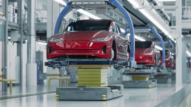 Car Batteries being Attached to Red Electric Vehicles on Assembly line. EV Production Line on Advanced Automated Bright Factory. High Performance Electric Car Manufacturing.