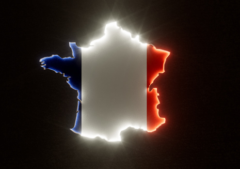 The shape of the country of France in the rim lit in colours of its national flag recessed into a dark surface - 3D render