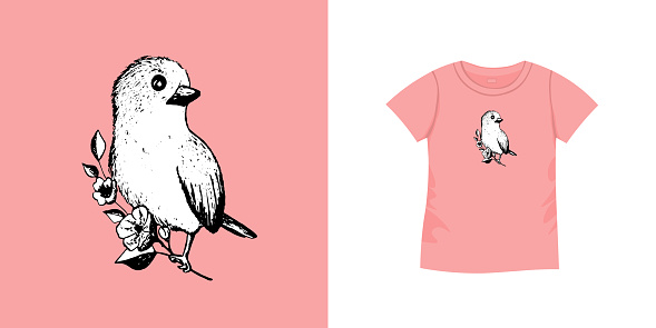T-shirt with bird pattern. Women jersey, sport uniform kit, short fashion top, round neck blouse.  Sketch Illustration. Template mock up.