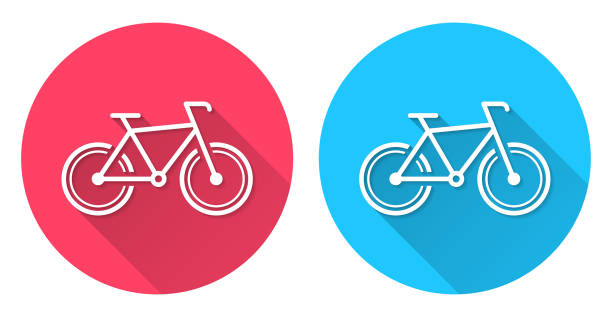 자전거. 빨간색 또는 파란색 배경에 긴 그림자가 있는 둥근 아이콘 - bicycle racing bicycle isolated red stock illustrations