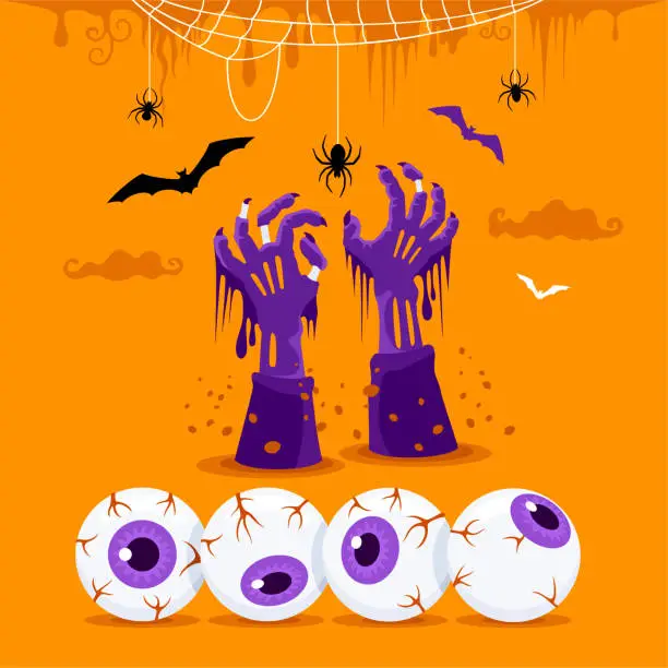 Vector illustration of Halloween Eyes. Zombie Hands. Halloween Night.
