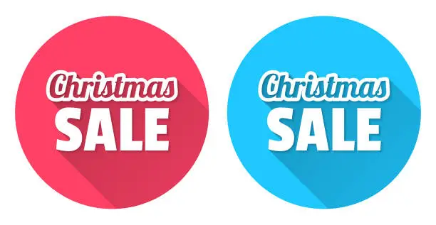 Vector illustration of Christmas Sale. Round icon with long shadow on red or blue background