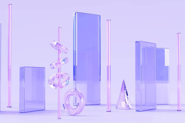 istock 3d render glass rectangle blocks with crystal pillars, rings and triangle on purple abstract background. Iridescent transparent vertical geometry shapes with hologram gradient texture 1725554202
