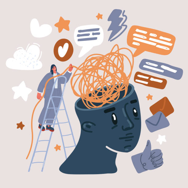 istock Vector illustration of Help tangled minds. Woman unravel disorder mental threads, treatment anxiety mind obsessive brain psychology counseling 1725558502