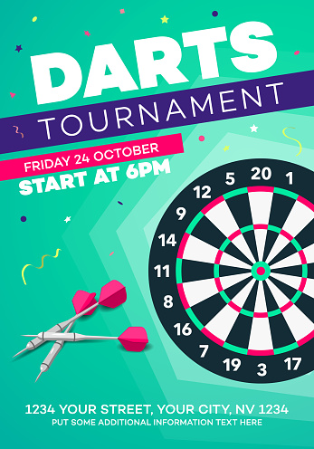 Darts tournament invitation poster template. Modern design for your local club game competition.