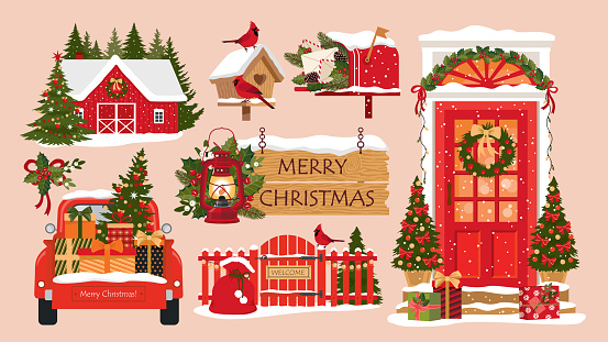 Christmas farmhouse illustrations set. Decorated front door, birdhouse, crested birds, barn, car with gifts in the trunk, wooden sign, red vintage lantern, Santa mailbox. Isolated vector clipart.