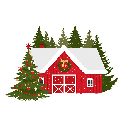 Red vintage barn house with traditional Christmas decor. Landscape winter scene with barn and fir trees. Isolated vector clipart.